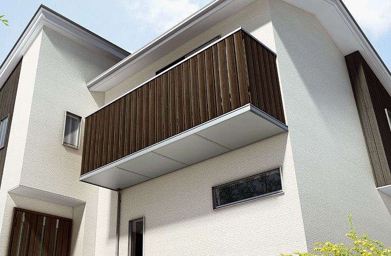 Sｽﾀｲﾙ_縦化粧格子+軒天化粧材（ｱｲﾎﾞﾘｰﾎﾜｲﾄ）_見上げｲﾒｰｼﾞ_ｸﾘｴﾓｶ