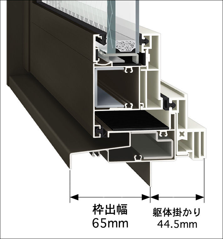 縦すべり出し窓_枠出幅断面ｲﾒｰｼﾞ_内観ﾎﾜｲﾄ_外観ｵｰﾀﾑﾌﾞﾗｳﾝ