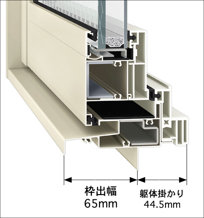 縦すべり出し窓_枠出幅断面ｲﾒｰｼﾞ_内観ﾎﾜｲﾄ_外観ﾎﾜｲﾄ