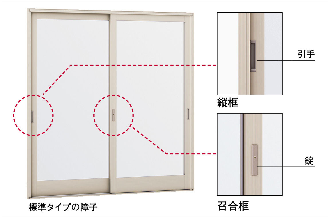 ﾚｰﾙ付引戸_ﾗﾝﾏなし_太框_標準ﾀｲﾌﾟ（引手付）_説明_ｼｬｲﾝｸﾞﾚｰ