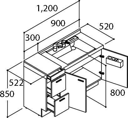 間口1200mm 化粧台本体 引出タイプ
