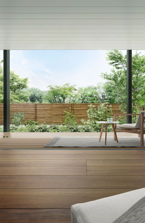 施工例_ﾅﾁｭﾗﾙｺﾝｼｬｽ_正面内観_3間×6尺_屋根材_ﾅﾁｭﾗﾙｼﾙﾊﾞｰF×柱_ﾌﾞﾗｯｸ