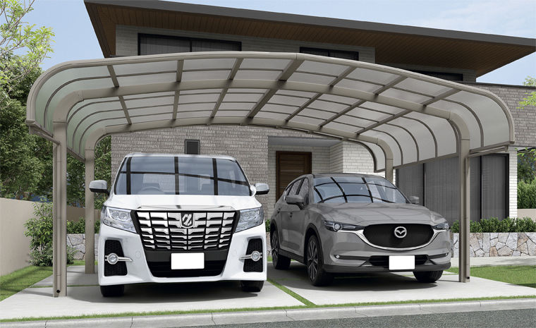 施工例_ﾌｰｺﾞR_腰壁_2台用_54-50型_屋根材色_ｸﾘｱﾏｯﾄ