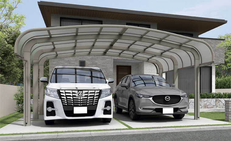 施工例_ﾌｰｺﾞR_袖壁_1500_2台用_54-50型_屋根材色_ｸﾘｱﾏｯﾄ