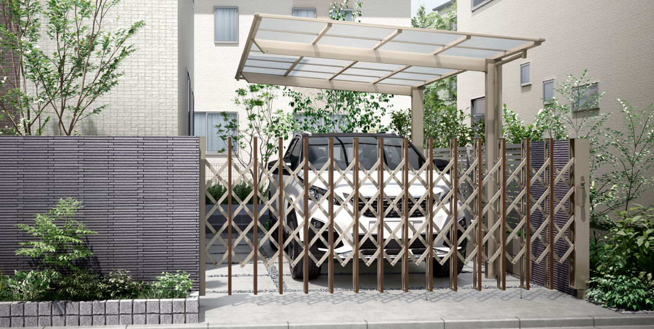 伸縮門扉QA_HG型(ﾊﾝｶﾞｰﾀｲﾌﾟ)施工例_H14_355S_ｼｬｲﾝｸﾞﾚｰ+ｸﾘｴﾓｶM