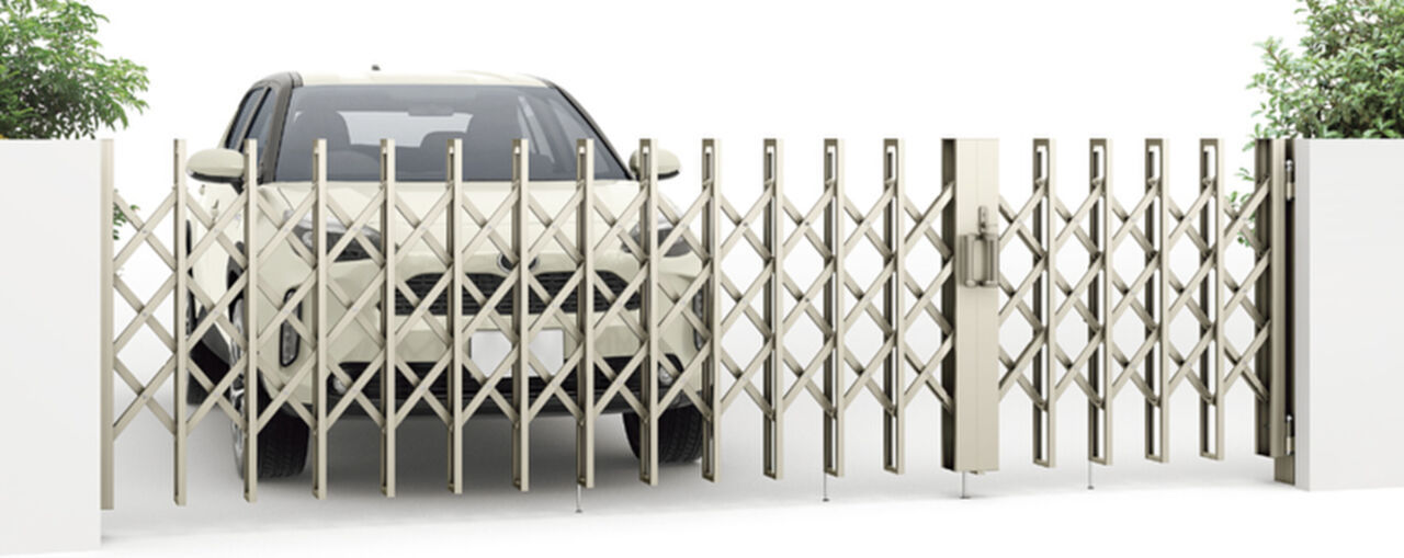 伸縮門扉QA_HG型(ﾊﾝｶﾞｰﾀｲﾌﾟ)親子_H1250_(135+310)W_ｼｬｲﾝｸﾞﾚｰ