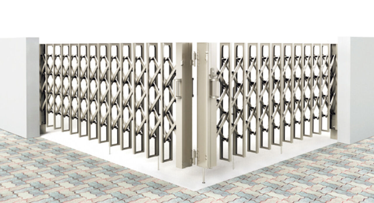 伸縮門扉QA_HG型_角地ﾀｲﾌﾟ_ｼｬｲﾝｸﾞﾚｰ