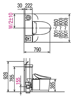 Jフィット床上排水（立管対応・PS対応）_Ⅰ型_標準間口タイプ（手洗付）寸法図