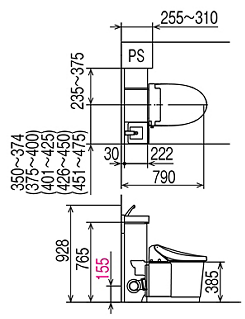Jフィット床上排水（立管対応・PS対応）_L型_標準間口タイプ_寸法図