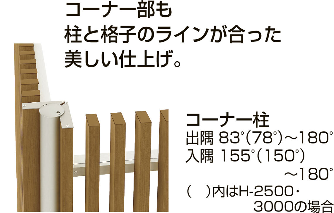 ﾌｪﾝｽAR_間仕切ﾀｲﾌﾟ特長__ｺｰﾅｰ部も柱と格子のﾗｲﾝが合った美しい仕上げ