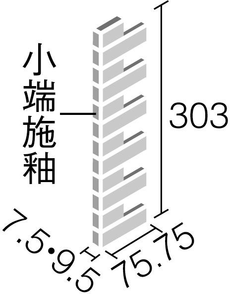 ランド(石ハツリ面)_25×75角片面小端施釉(短辺)ネット張り_形状図