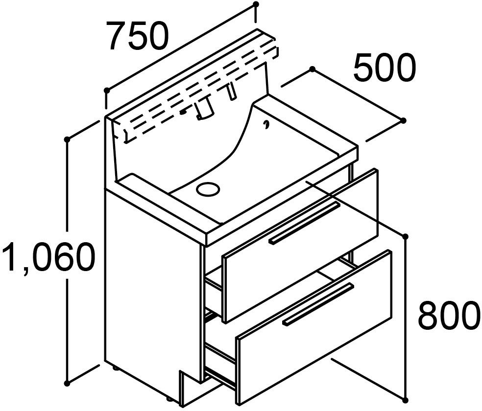 「クレヴィ」奥行500タイプ_間口750mm_化粧台本体_フルスライドタイプ