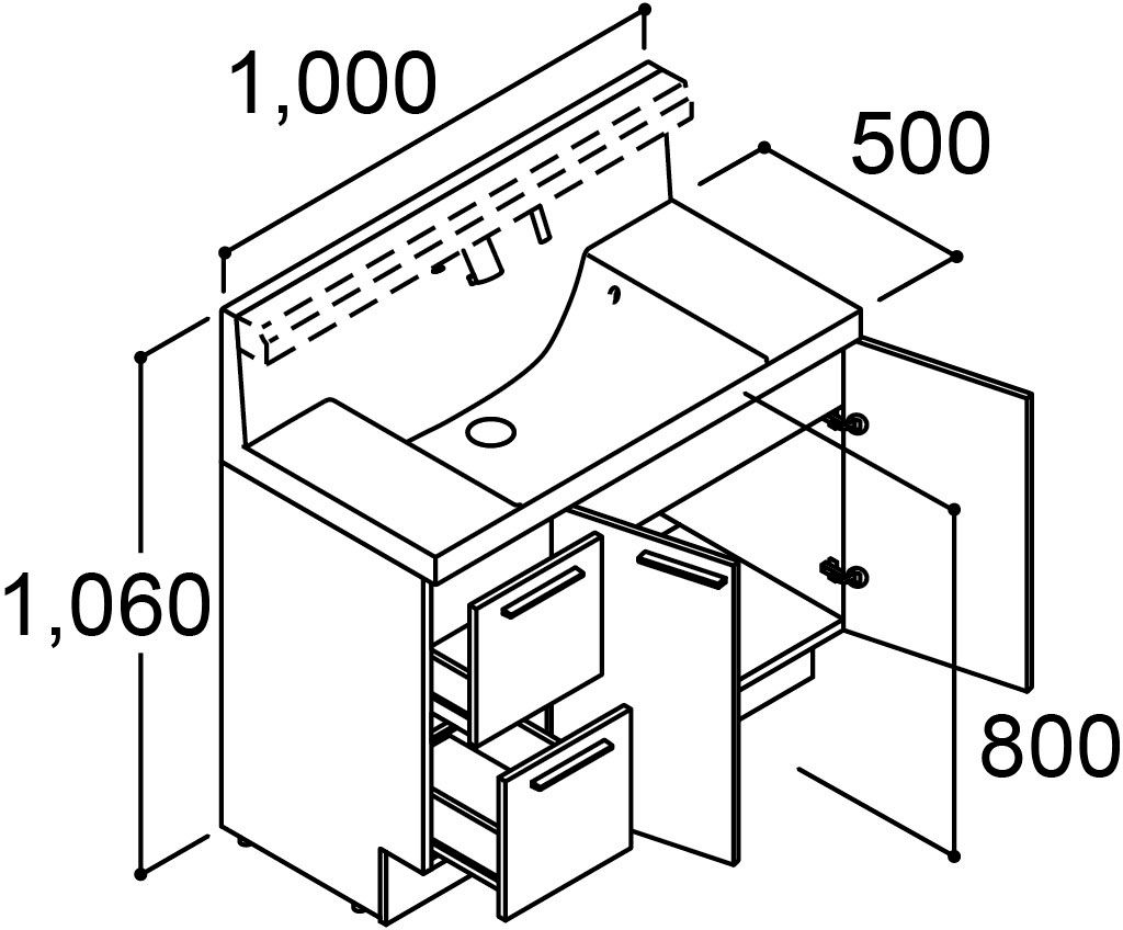 「クレヴィ」奥行500タイプ_間口1_000mm_化粧台本体_引出タイプ