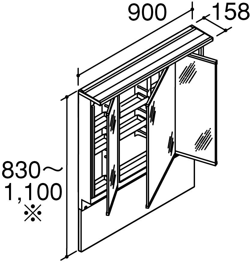 間口900mm_3面鏡_全収納_LED照明_スリムLED