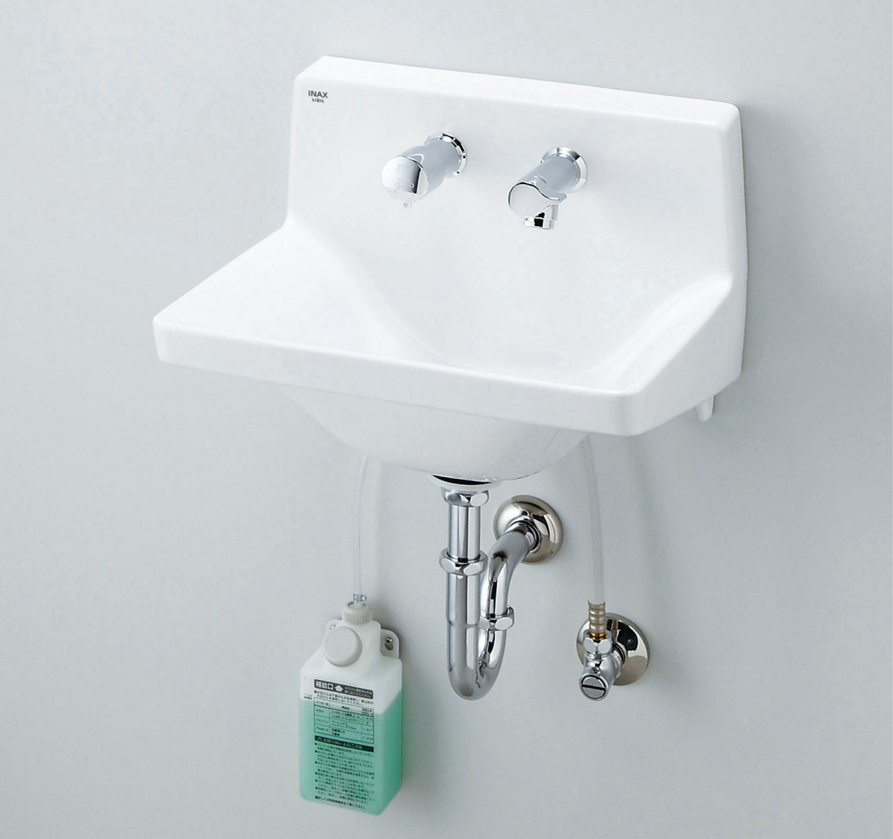 ハイバックガード洗面器_Mサイズ_ハンドル水栓+水石けん供給栓セット
