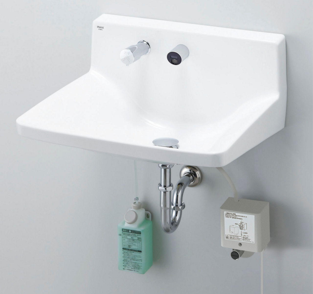 ハイバックガード洗面器_Lサイズ_自動水栓+水石けん供給栓セット