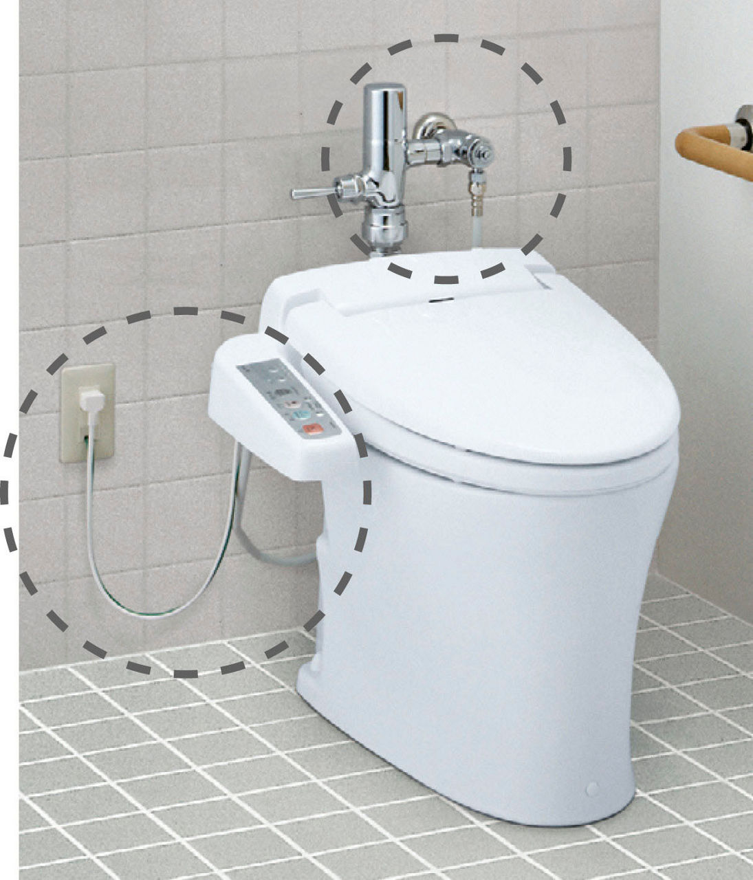 これまでの便器だと…_止水栓・給水ホース・コンセント・電源コードが露出