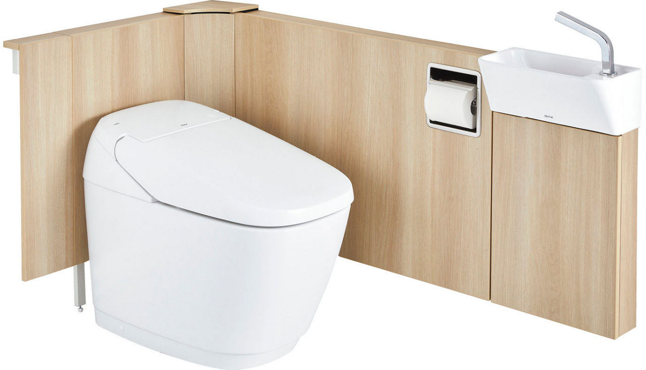 サティスGタイプリトイレ_手洗器付_L型_床排水_仕様_H(排水芯305～490mm)_1400サイズ_GY6グレード