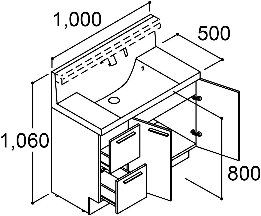「クレヴィ」奥行500タイプ_間口1_000mm化粧台本体_引出タイプ