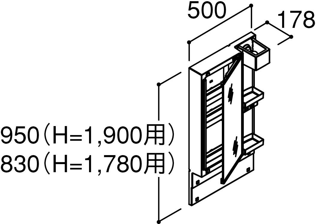 「ピアラ」間口500mm_全高1_900mm・1_780mm用_ミラーキャビネット1面鏡・電球形LED・鏡裏収納付