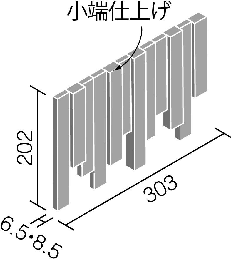 シングレース_25×202角片面小端仕上げ(短辺)ネット張り_形状図