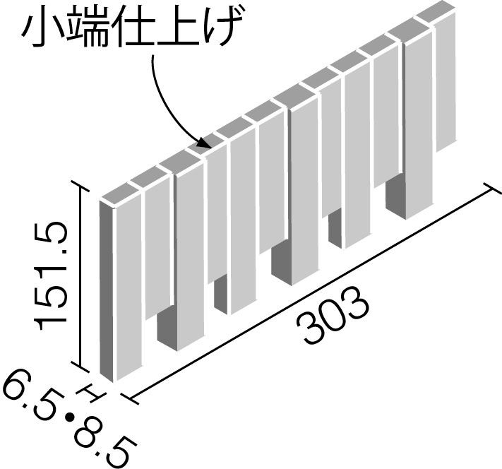 和細工(わざいく)_25×151角片面小端仕上げ(短辺)ネット張り_形状図