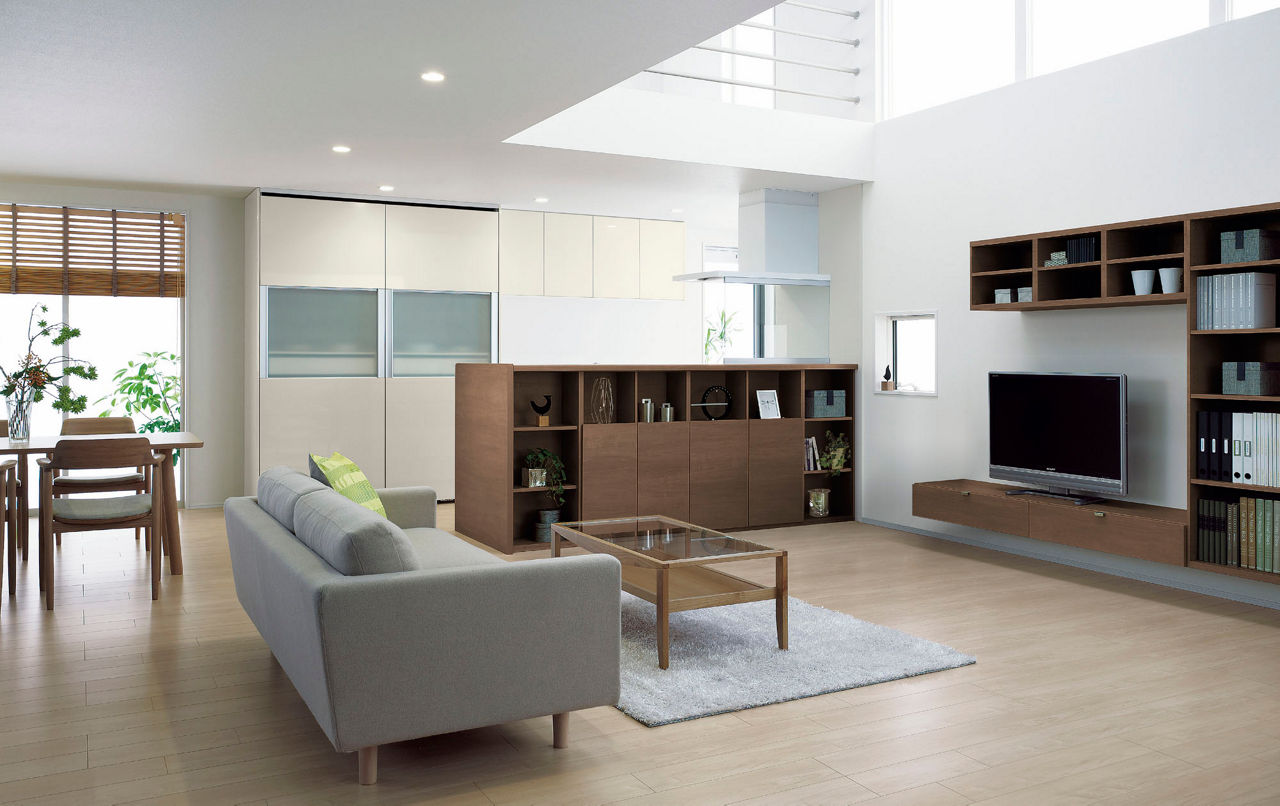 Plan14_PLAIN_STYLE_オープン対面キッチン_対面キッチンユニット・リビング収納タイプ_オープン棚_ペニンシュラI型