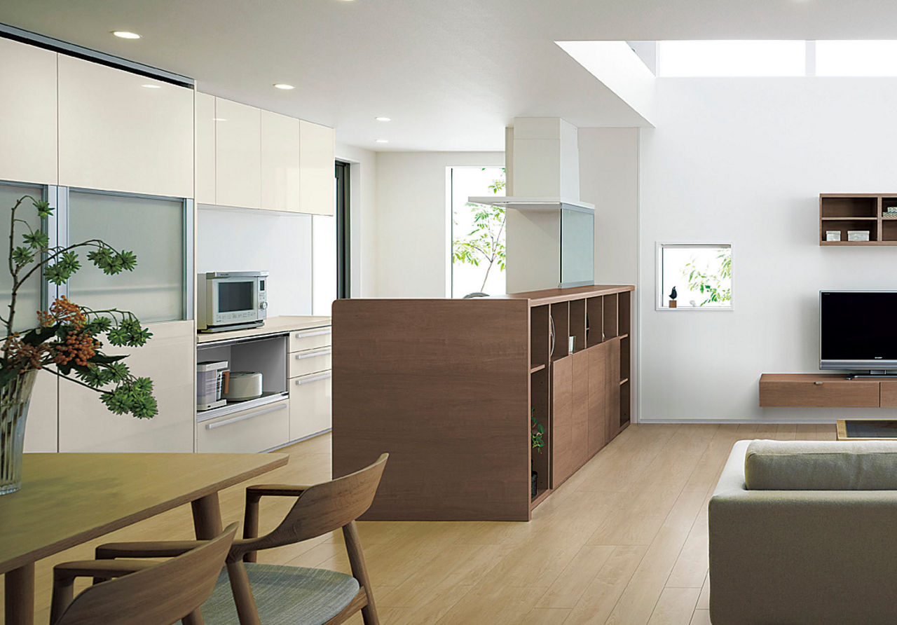 Plan14_PLAIN_STYLE_オープン対面キッチン_対面キッチンユニット・リビング収納タイプ_オープン棚_ペニンシュラI型