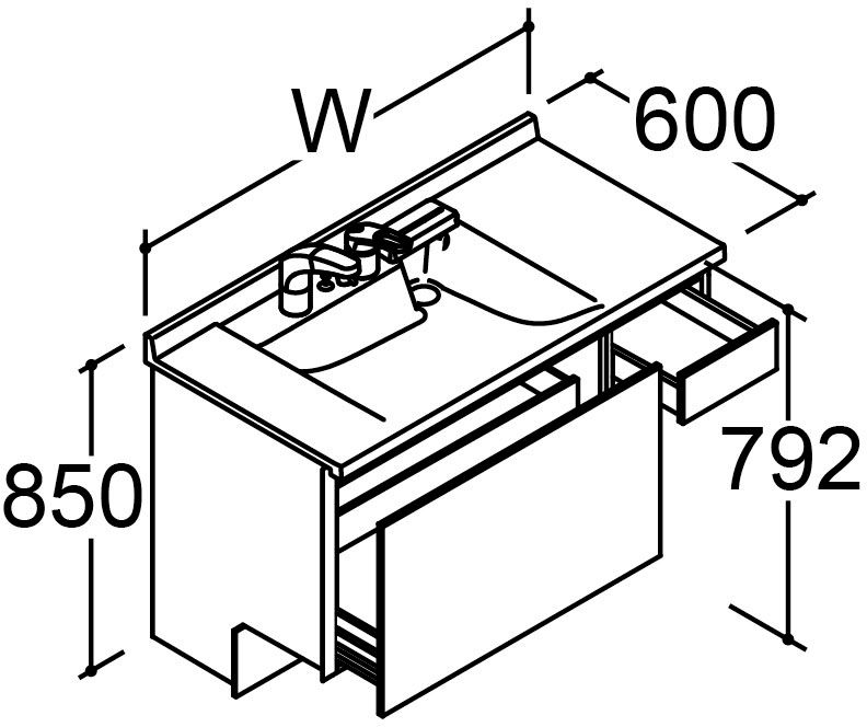 カスタム_バニティ_Reフィル_間口タイプ120ボウル片寄せ_ベースセット_セミオープンセット_フルスライドタイプ