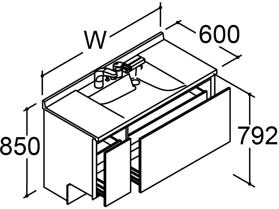 カスタム_バニティ_Reフィル_間口タイプ125・130ボウル中央_フルセット_フルスライドタイプ
