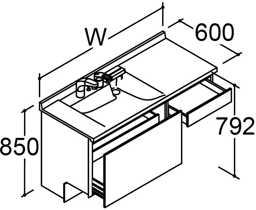 カスタム_バニティ_Reフィル_間口タイプ135・140ボウル片寄せ_ベースセット_セミオープンセット_フルスライドタイプ