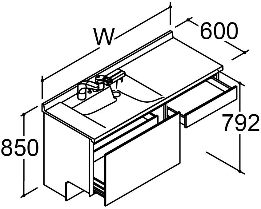 カスタム_バニティ_Reフィル_間口タイプ145ボウル片寄せ_ベースセット_セミオープンセット_フルスライドタイプ
