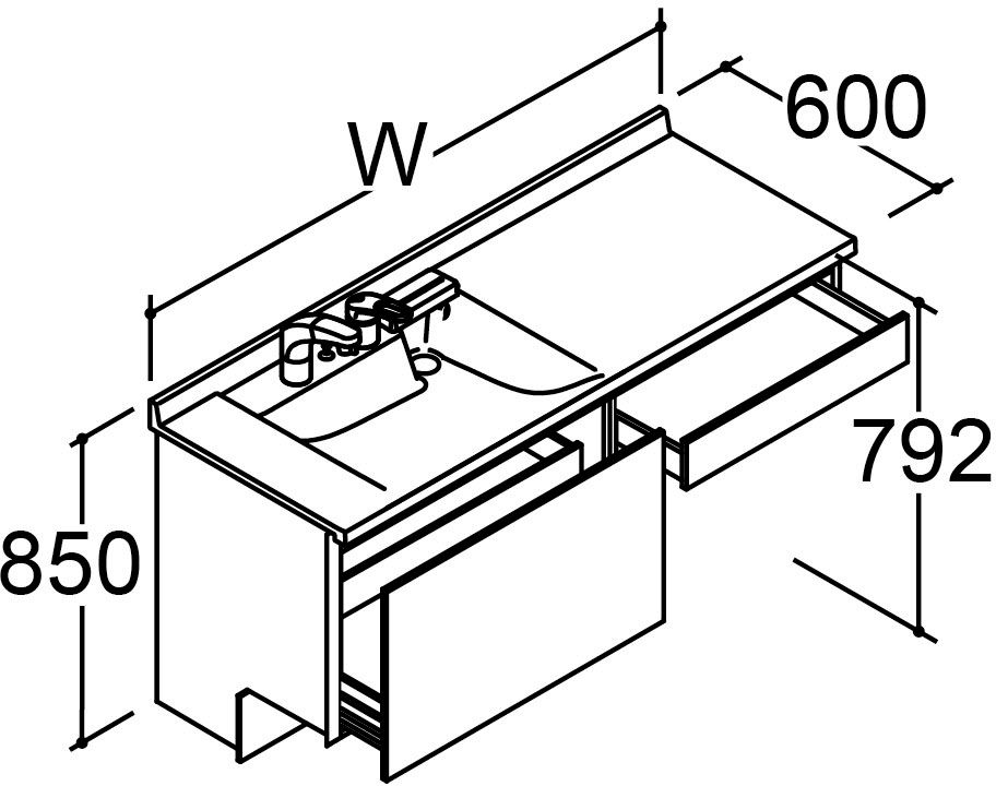 カスタム_バニティ_Reフィル_間口タイプ155・160ボウル片寄せ_ベースセット_セミオープンセット_フルスライドタイプ