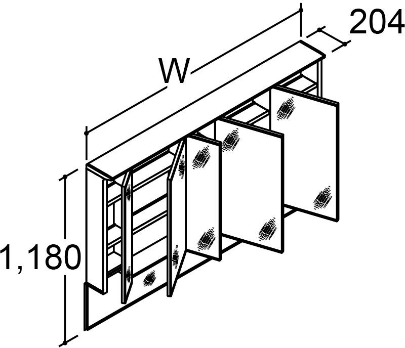 カスタム_バニティ_Reフィル_間口タイプ175・180ボウル片寄せ_ミラーキャビネット_5面鏡(全収納)_上部ライン照明付