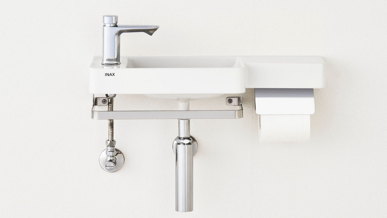 オールインワン手洗_紙巻器・タオル掛が一体になった手洗器