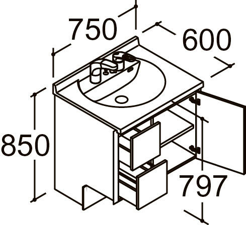 間口750mm_ベースセット_ボウル中央_フルセット_引出タイプ