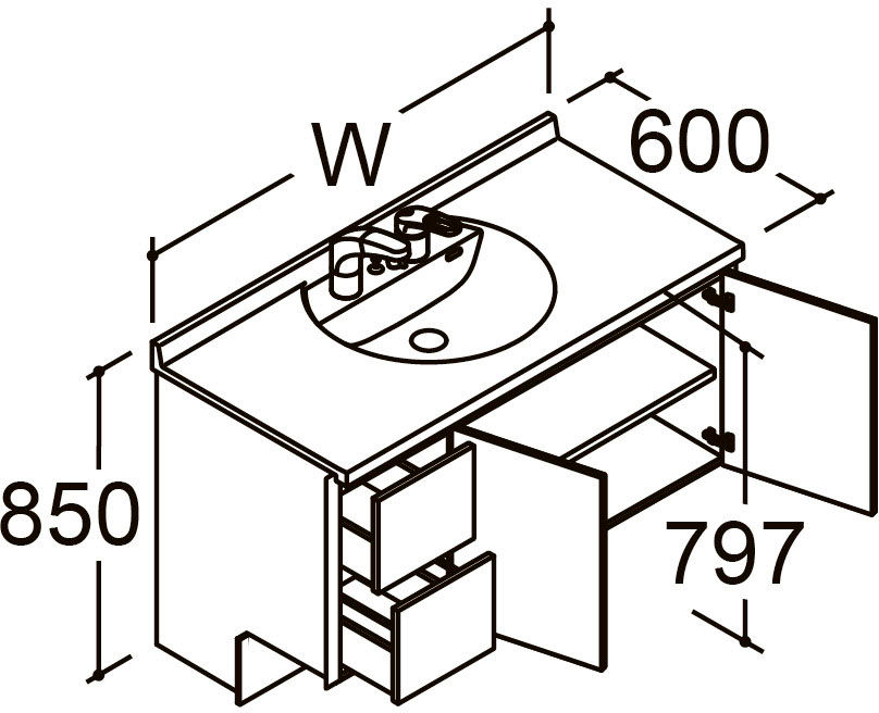 間口1_250_1_300mm_ベースセット_ボウル中央_フルセット_引出タイプ