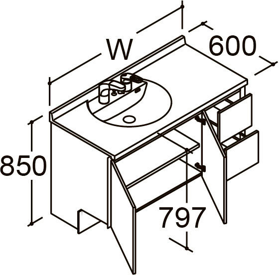 間口1_250_1_300mm_ベースセット_ボウル片寄せ_フルセット_引出タイプ