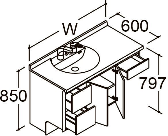 間口1_250_1_300mm_ベースセット_ボウル片寄せ_セミオープンセット_引出タイプ