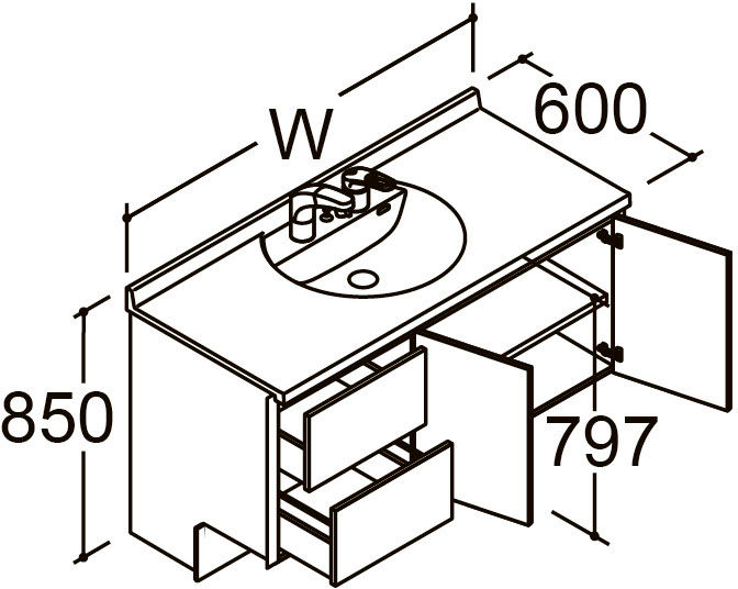 間口1_350mm_ベースセット_ボウル中央_フルセット_引出タイプ