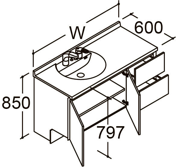 間口1_350_1_400mm_ベースセット_ボウル片寄せ_フルセット_引出タイプ
