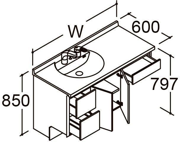 間口1_350_1_400mm_ベースセット_ボウル片寄せ_セミオープンセット_引出タイプ