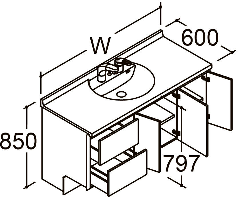 間口1_450mm_ベースセット_ボウル中央_フルセット_引出タイプ