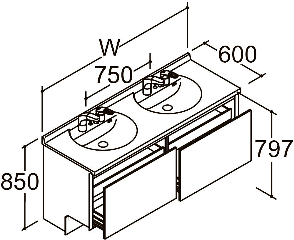 間口1_650_1_700mm_ベースセット_ボウル2連_フルセット_フルスライドタイプ