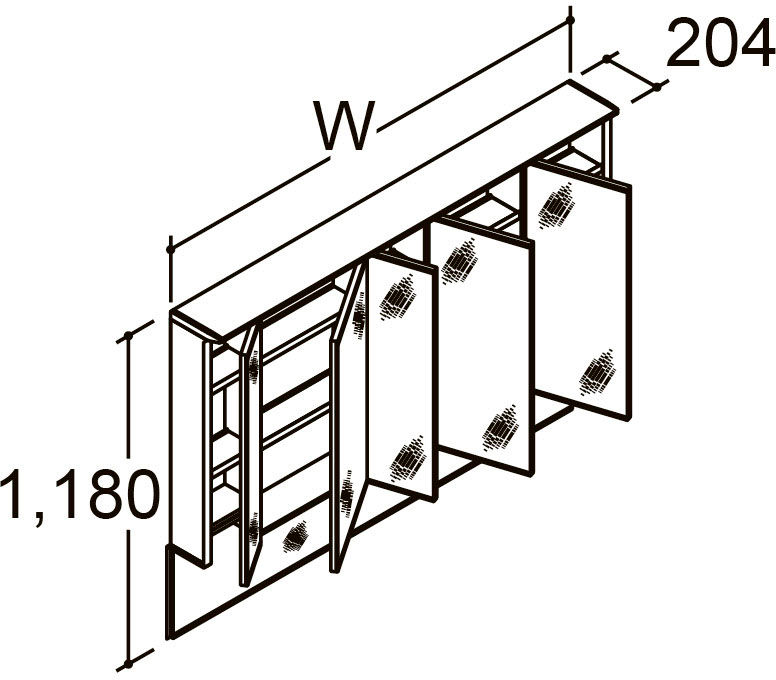 間口1_650_1_700mm_ミラーキャビネット5面鏡(全収納)_上部ライン照明付