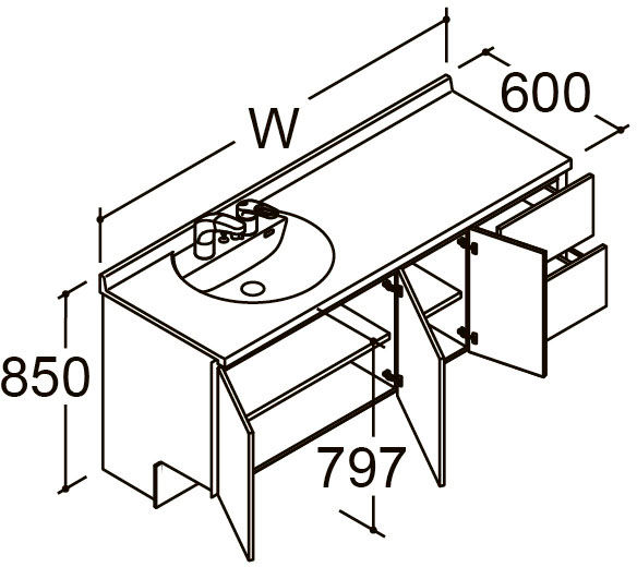 間口1_650_1_700mm_ベースセット_ボウル片寄せ_フルセット_引出タイプ