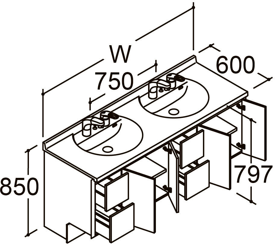 間口1_750_1_800mm_ベースセット_ボウル2連_フルセット_引出タイプ