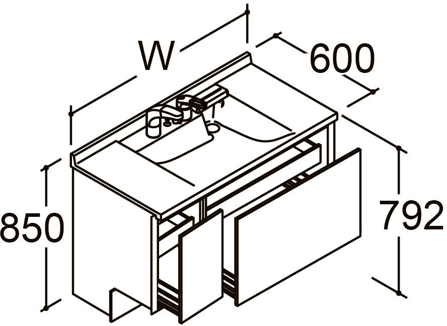 間口1_200mm_ベースセット_ボウル中央_フルセット_フルスライドタイプ