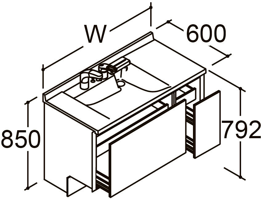 間口1_200mm_ベースセット_ボウル片寄せ_フルセット_フルスライドタイプ