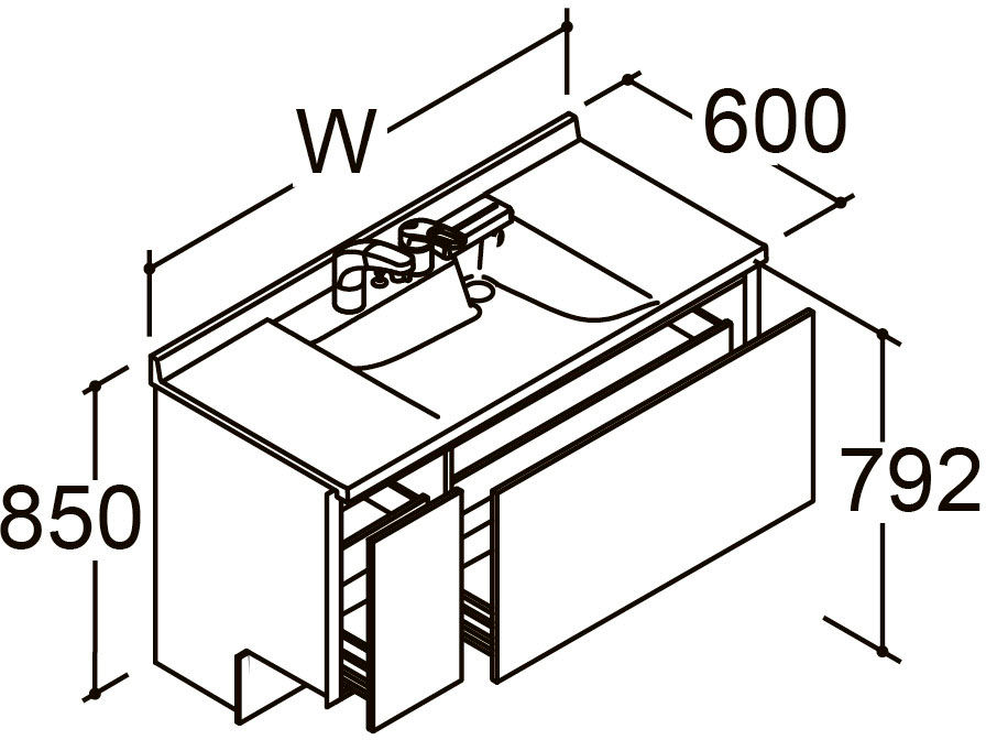 間口1_250_1_300mm_ベースセット_ボウル中央_フルセット_フルスライドタイプ